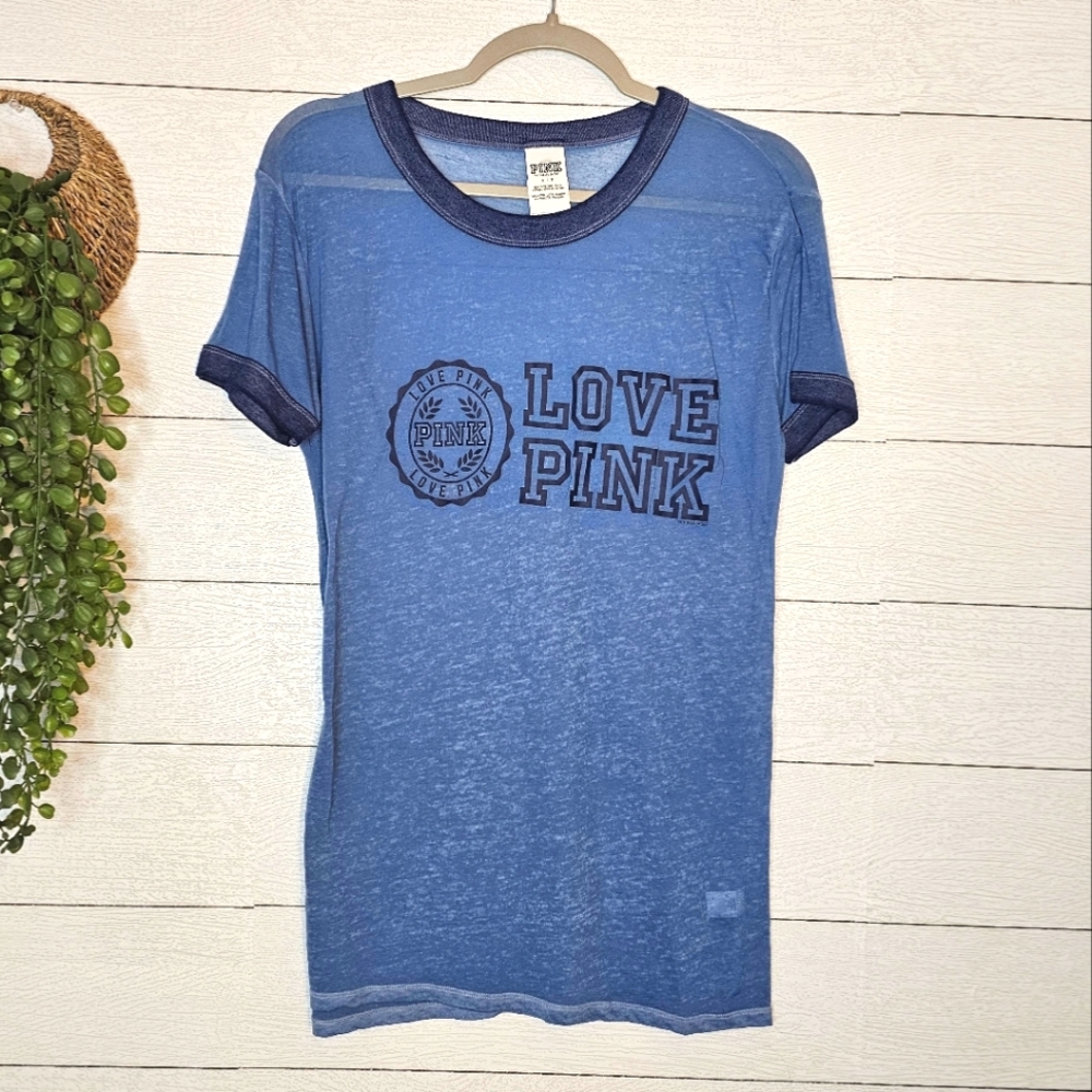 Victoria's Secret PINK Logo Crew Cut Short Sleeve Blue Womens Tee Shirt Sz Small